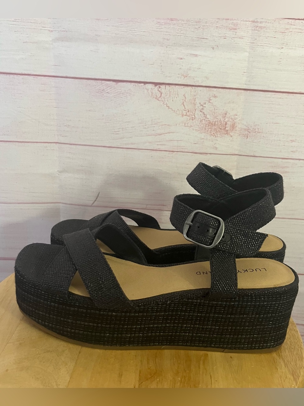 Lucky Brand Black Bainda Espadrille Wedge Ankle Strap Sandals Size 9.5